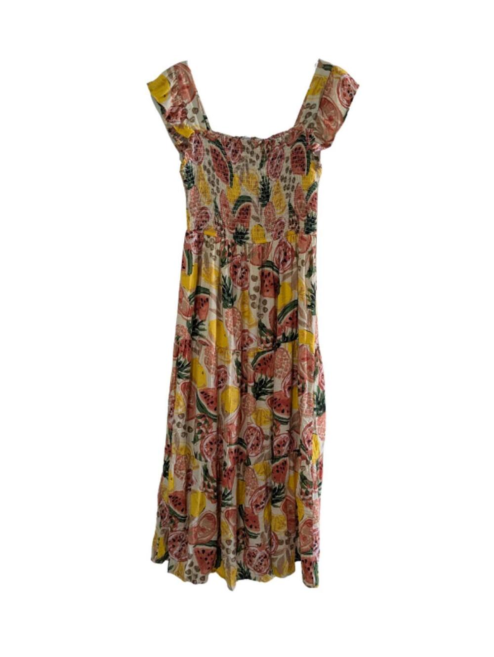 By The River Women's Smocked Tropical Fruit Midi Sundress, Yellow Pink, Large